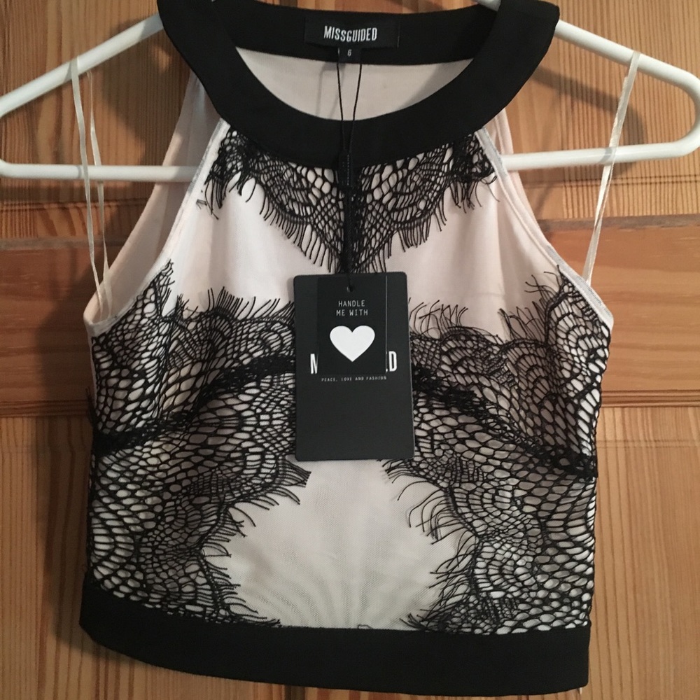 Cream & black lace crop top